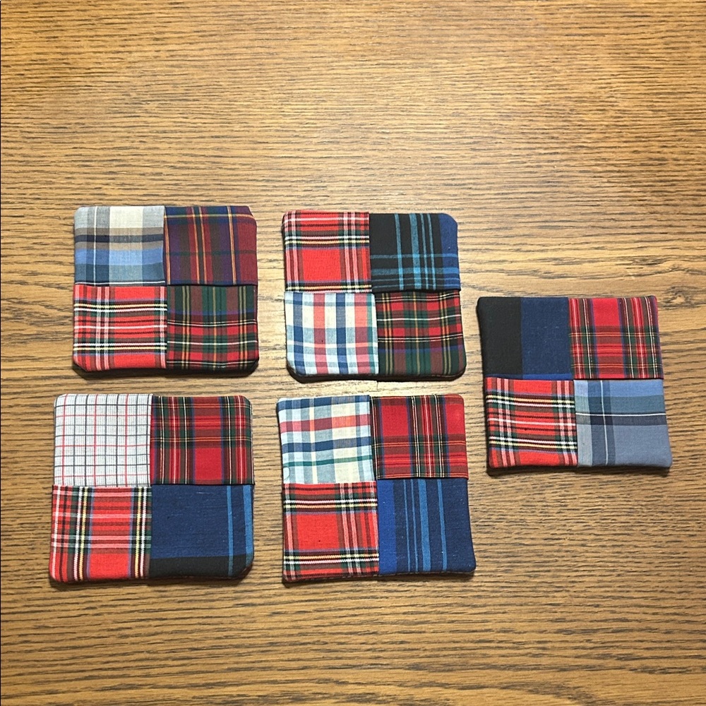 Handmade Plaid Patchwork Fabric Coasters - Set of 5